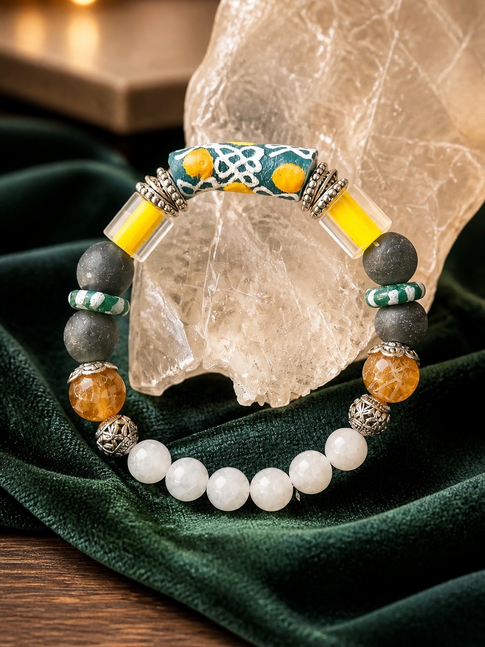 Bracelete With Tribal Krobo Handpainted Focal Bead With  Citrine Accents